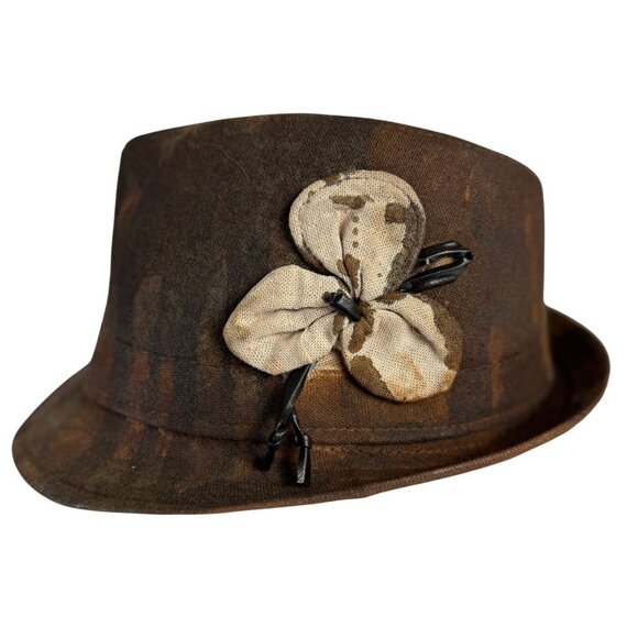 Distressed Fedora Brown Camo Floral Accent Steampunk Stagecoach Stingy Brim - Picture 1 of 13
